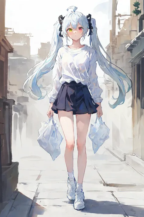 (best quality, masterpiece), 1girl, (female focus), ahoge, white blue hair, ((white shirt), (overfit shrit)), long hair, standing, twintails, [[mild heterochromia]], white background