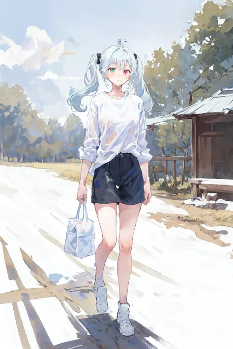 (best quality, masterpiece), 1girl, (female focus), ahoge, white blue hair, ((white shirt), (overfit shrit)), long hair, standing, twintails, [[mild heterochromia]], white background