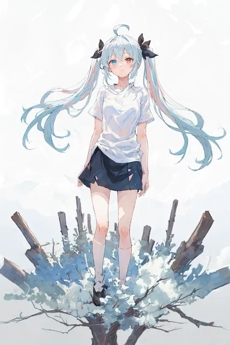 (best quality, masterpiece), 1girl, (female focus), ahoge, white blue hair, ((white shirt), (overfit shrit)), long hair, standing, twintails, [[mild heterochromia]], white background