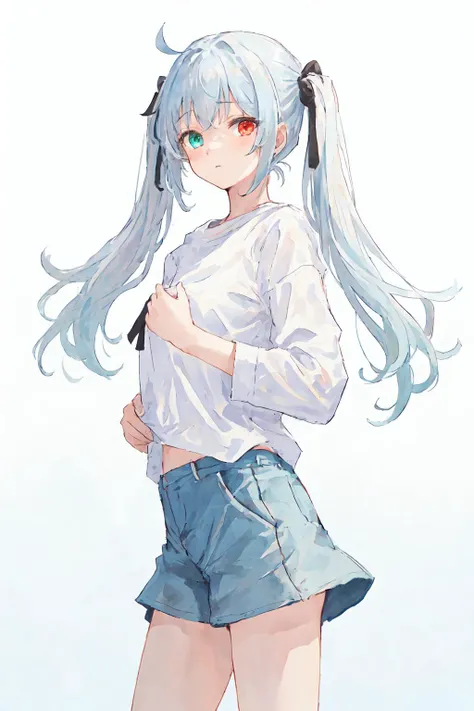 (best quality, masterpiece), 1girl, (female focus), ahoge, white blue hair, ((white shirt), (overfit shrit)), long hair, standing, twintails, [[mild heterochromia]], white background