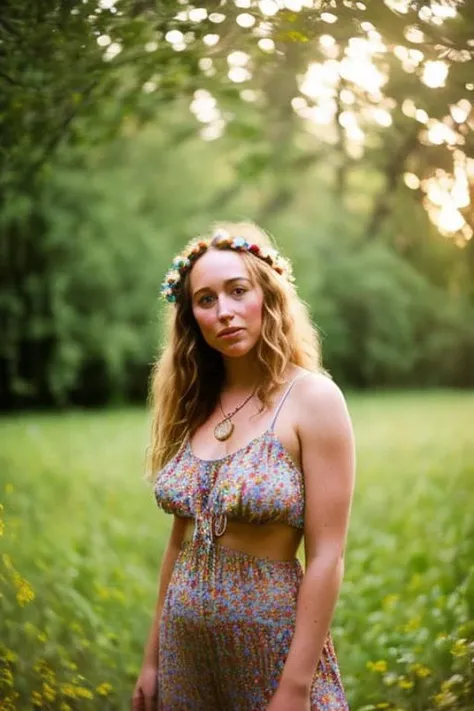 RAW  photo, a full body portrait photo of alydebcar,  1969 summer of love, dressed as a hippie|flower-child 

headshot center frame soft focus photography dust motes light particles daylight infinity wall high_iso ISO1600 depth of field film_grain 35mm,
