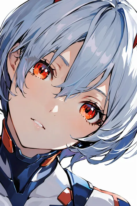 1girl, solo, ayanami rei, blue hair, red eyes, plugsuit, short hair, bodysuit, white bodysuit, hair between eyes, looking at viewer, white background, interface headset, bangs, portrait, simple background, sideways,<lora:Banpai Akira_XL:0.8>