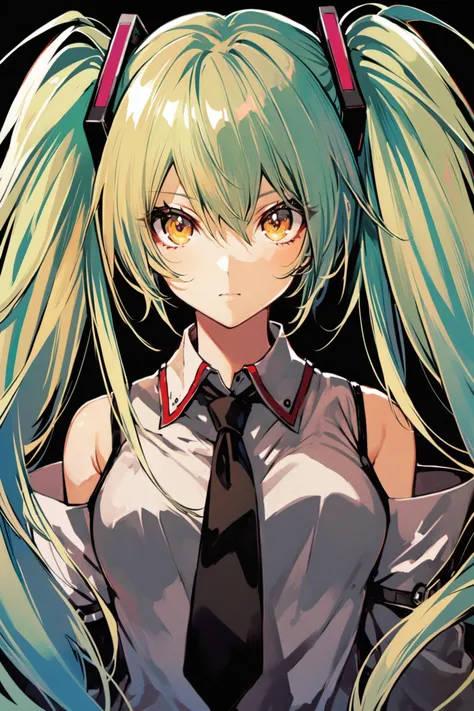 1girl, solo, hatsune miku, necktie, yellow eyes, green hair, detached sleeves, twintails, alternate hair color, alternate color, upper body, looking at viewer, black background,<lora:Banpai Akira_XL:0.8>