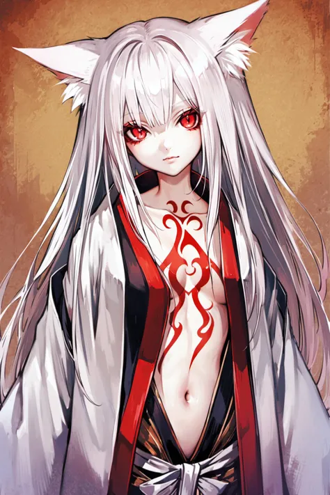 1girl, solo, red eyes, animal ears, long hair, white hair, open clothes, fox ears, albino, tattoo, japanese clothes, navel, looking at viewer, pale skin,<lora:Banpai Akira_XL:0.8>