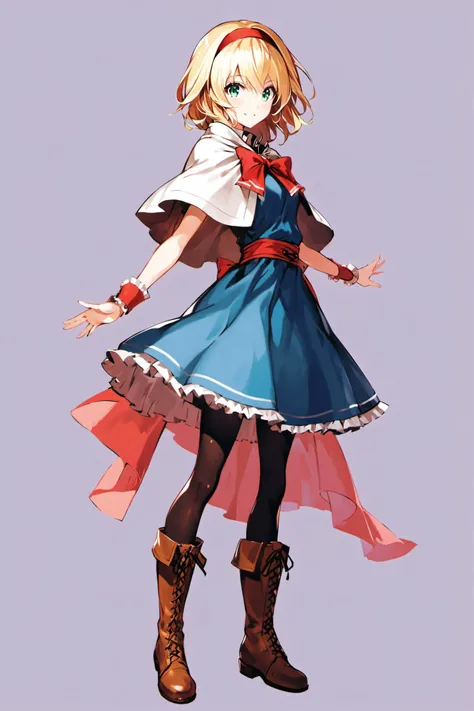1girl, solo, blonde hair, pantyhose, boots, capelet, alice margatroid, hairband, ribbon, short hair, wrist cuffs, black pantyhose, white background, simple background, dress, bow, sash, cross-laced footwear, full body, standing, green eyes, smile, jewelry, watson cross, blue eyes, lace-up boots, looking at viewer, crossed legs, knee boots,<lora:Banpai Akira_XL:0.8>