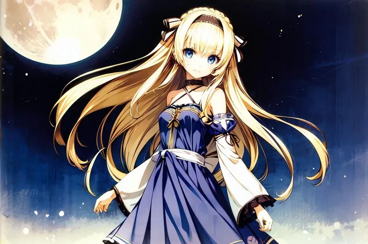 ultra detailed, masterpiece, best quality, detailed background, castle, moon,
solo, blue theme, official wallpaper,
soft smile, light smile,
1girl, blue eyes, very long hair, blonde hair, long blonde hair, french braid, bangs, medium breasts,
hair ribbon, frilled choker, criss-cross halter, sleeveless dress, high-waist skirt, backless dress, waist bow, detached sleeves, frilled sleeves, wide sleeves, pantyhose, patterned legwear, mary janes, <lora:Banpai Akira:0.75> banpai akira, <lora:add_detail:0.5>