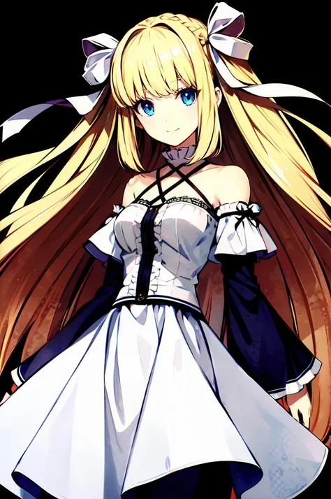 ultra detailed, masterpiece, best quality,
solo,
cowboy shot,
facing viewer,
soft smile, light smile,
1girl, blue eyes, very long hair, blonde hair, long blonde hair, french braid, bangs, medium breasts,
hair ribbon, frilled choker, criss-cross halter, sleeveless dress, high-waist skirt, backless dress, waist bow, detached sleeves, frilled sleeves, wide sleeves, pantyhose, patterned legwear, mary janes,  <lora:Banpai Akira:0.75> banpai akira,
