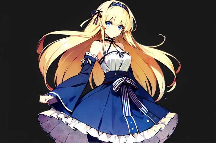 ultra detailed, masterpiece, best quality,
solo, blue theme, official wallpaper,
cowboy shot,
facing viewer,
soft smile, light smile,
1girl, blue eyes, very long hair, blonde hair, long blonde hair, french braid, bangs, medium breasts,
hair ribbon, frilled choker, criss-cross halter, sleeveless dress, high-waist skirt, backless dress, waist bow, detached sleeves, frilled sleeves, wide sleeves, pantyhose, patterned legwear, mary janes, <lora:Banpai Akira:0.75> banpai akira,