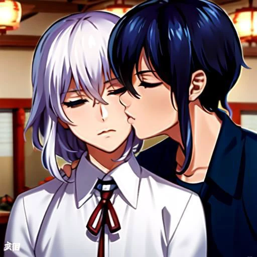 2 boys , bara ,happy kiss, bl , game characters , indoor , closed eyes,  Namazuo Toushirou, (\>) ,Honebami Toushirou, (U)