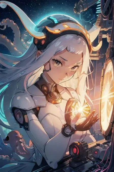 (1girl:1.3),(masterpiece,top quality,best quality,official art,beautiful and aesthetic:1.2),octopus white armor cyber girl,(transparent:1.3),elegant,long white hair,(translucency:1.3),cutting-edge design,hyper detail,ultra detail,volumetric light,(huge mechanism octopus monster:1.2) in background,cinematic light,BiopunkAI,brilliance,mucus,wet,look at viewer,wires and cables attaching to neck,wires and cables on head,character focus,science fiction,<lora:epiNoiseoffset_v2:1>,<lora:octopus mecha:0.75>,<lora:alienskin:0.2>,