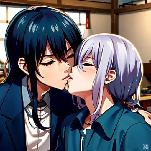 2 boys , bara ,happy kiss, bl , game characters , indoor , closed eyes, Namazuo Toushirou, (\>) ,Honebami Toushirou, (U)