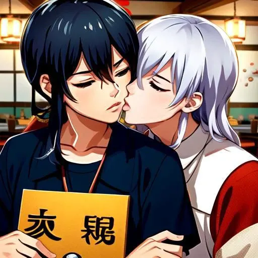 2 boys , bara ,happy kiss, bl , game characters , indoor , closed eyes, Namazuo Toushirou, (\>) ,Honebami Toushirou, (U)