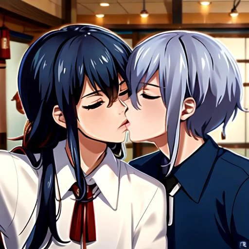 2 boys , bara ,happy kiss, bl , game characters , indoor , closed eyes, Namazuo Toushirou, (\>) ,Honebami Toushirou, (U)