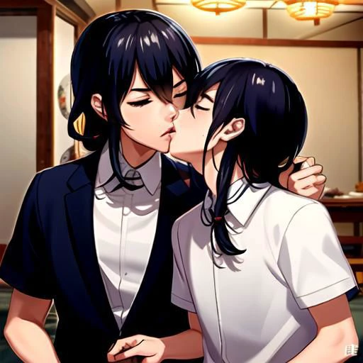 2 boys , bara ,happy kiss, bl , game characters , indoor , closed eyes, Namazuo Toushirou, (\>) ,Honebami Toushirou, (U)