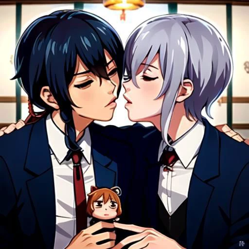 2 boys , bara ,happy kiss, bl , game characters , indoor , closed eyes, Namazuo Toushirou, (\>) ,Honebami Toushirou, (U)