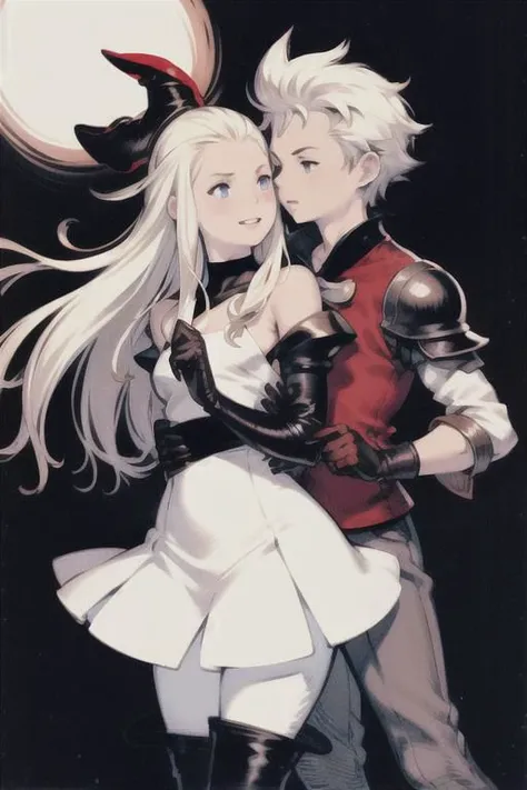 1 boy, 1 girl, happy kiss, hugging, ringabel, anazel d, edea lee, red bow, red shirt, black gloves, armored skirt, white pantyhose, thigh boots, yoshida akihiko, Bravely Default Style, the boy has white hair, the boy has blue shirt, ringabel and edea lee hugging, kissingcheek, edea lee happy kiss ringabel