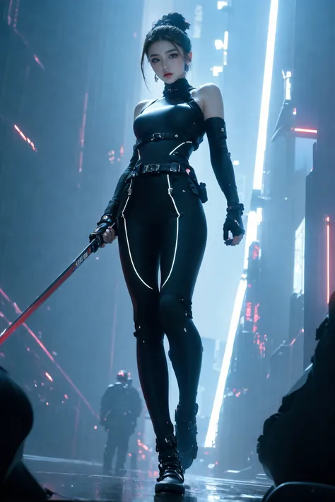 (masterpiece,top quality,best quality,official art,beautiful and aesthetic:1.2), (full body:1.0), Dynamic Angle, Perspective, High Point,pov
xuer cyberwarrior, blue eyesA mature facesideways glance, (cold attitude,eyeshadow,eyeliner:1.1),(red lips:1.2),watery eyes,
A shot with tension(sky glowsVisual impact,giving the poster a dynamic and visually striking appearance:1.2),Chinese Zen style,impactful picture,
 <lora:xuer cyberwarrior_20231229032320:0.8>