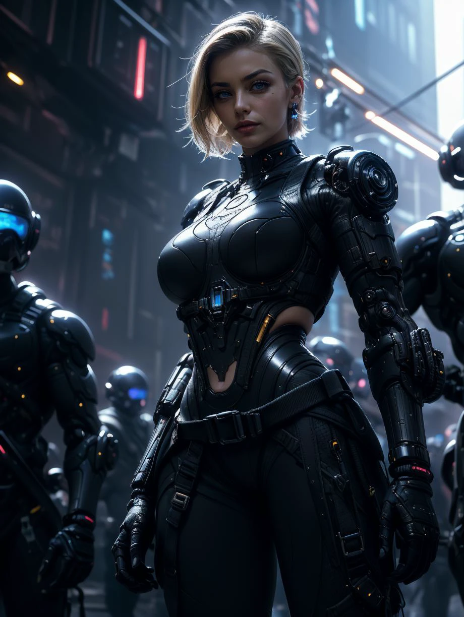 Beautiful Cyberman,science fiction, (power armor,cable, harness, strap,earpiece),1girl,solo,
((UnderCut),blond hair, yellow hair:1.2), A carefully cut hairstyle,Classic Hollywood glamour,
(best quality,masterpiece:1.3),(vivid colors,color full:1.1),(Highly detailed,ultra-realistic:1.2),extremely detailed CG unity 8k wallpaper,
HDR,Ultrahigh HD Picture,dramatic,contrast of warm and cool tones,light source contrast, High quality texture,absurd,
cowboy shot(full body:0.8),Ultra-Wide Angle,cinematic (beautiful detailed face:1.0),Realistic eyes,blue eyes,
subsurface scattering, reflections, eflections,dusty sunlight, ray_tracing,(cinematic lighting,soft light, sharp),Soft,light particles,
neon background, neon city,CYBERPUNK,
(Satisfaction,smug,charm:1.1),(beautiful image,beautiful,femme fatale,mature female,female supermodel:1.1),(lipstick,heavy makeup:1.3),beautiful lips,
(skin texture,realistic skin,pale skin,extremely fine complexion,shiny skin:1.2),
anatomically correct,(hourglass figure,huge breasts,sagging breasts,athletic,athletic body:1.3),
<lora:绪å¿-èµåæ¦å£« xuer cyberwarrior:0.7>,xuer cyberwarrior, <lora:detail_slider_v4:2> ,more detail, <lora:ClothingAdjuster3:-0.5>