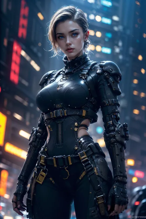 {{Beautiful Cyberman}},science fiction, (power armor,cable, harness, strap,earpiece),1girl,solo,
(Satisfaction,smug,charm:1.1),(beautiful image,beautiful,femme fatale,mature female,female supermodel:1.1),(heavy makeup:1.3),
((UnderCut),blond hair, yellow hair:1.1), A carefully cut hairstyle,Classic Hollywood glamour,
full body(cowboy shot),Ultra-Wide Angle,cinematic (beautiful detailed face:1.0),Realistic eyes,blue eyes,
(masterpiece:1.4),(best quality,Highly detailed),extremely detailed CG unity 8k wallpaper,
dramatic,contrast of warm and cool tones,light source contrast, High quality texture,absurd,
anatomically correct,HDR,Ultrahigh HD Picture,
subsurface scattering, reflections, eflections,dusty sunlight, ray_tracing,(cinematic lighting,soft light, sharp),Soft,light particles,
neon background, neon city,CYBERPUNK,
(skin texture,realistic skin,pale skin,extremely fine complexion,shiny skin:1.2),beautiful lips,
(hourglass figure,huge breasts,sagging breasts,athletic,athletic body),
<lora:绪å¿-èµåæ¦å£« xuer cyberwarrior:0.7>,XUER CYBERWARRIOR, <lora:detail_slider_v4:2> ,more detail,