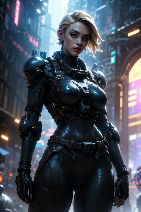{{Beautiful Cyberman}},science fiction, (power armor,cable, harness, strap,earpiece),1girl,solo,
((UnderCut),blond hair, yellow hair:1.2), A carefully cut hairstyle,Classic Hollywood glamour,
(best quality,masterpiece:1.3),(vivid colors,color full:1.1),(Highly detailed,ultra-realistic:1.2),extremely detailed CG unity 8k wallpaper,
HDR,Ultrahigh HD Picture,dramatic,contrast of warm and cool tones,light source contrast, High quality texture,absurd,
cowboy shot(full body:0.8),Ultra-Wide Angle,cinematic (beautiful detailed face:1.0),Realistic eyes,blue eyes,
subsurface scattering, reflections, eflections,dusty sunlight, ray_tracing,(cinematic lighting,soft light, sharp),Soft,light particles,
neon background, neon city,CYBERPUNK,
(Satisfaction,smug,charm:1.1),(beautiful image,beautiful,femme fatale,mature female,female supermodel:1.1),(lipstick,heavy makeup:1.3),beautiful lips,
(skin texture,realistic skin,pale skin,extremely fine complexion,shiny skin:1.2),
anatomically correct,(hourglass figure,huge breasts,sagging breasts,athletic,athletic body:1.3),
<lora:绪å¿-èµåæ¦å£« xuer cyberwarrior:0.7>,XUER CYBERWARRIOR, <lora:detail_slider_v4:2> ,more detail, <lora:ClothingAdjuster3:-0.5>