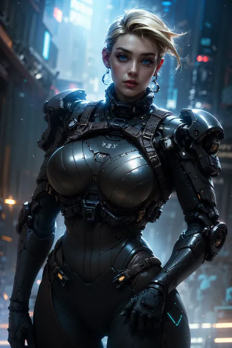{{Beautiful Cyberman}},science fiction, (power armor,cable, harness, strap,earpiece),1girl,solo,
((UnderCut),blond hair, yellow hair:1.2), A carefully cut hairstyle,Classic Hollywood glamour,
(best quality,masterpiece:1.3),(vivid colors,color full:1.1),(Highly detailed,ultra-realistic:1.2),extremely detailed CG unity 8k wallpaper,
HDR,Ultrahigh HD Picture,dramatic,contrast of warm and cool tones,light source contrast, High quality texture,absurd,
cowboy shot(full body:0.8),Ultra-Wide Angle,cinematic (beautiful detailed face:1.0),Realistic eyes,blue eyes,
subsurface scattering, reflections, eflections,dusty sunlight, ray_tracing,(cinematic lighting,soft light, sharp),Soft,light particles,
neon background, neon city,CYBERPUNK,
(Satisfaction,smug,charm:1.1),(beautiful image,beautiful,femme fatale,mature female,female supermodel:1.1),(lipstick,heavy makeup:1.3),beautiful lips,
(skin texture,realistic skin,pale skin,extremely fine complexion,shiny skin:1.2),
anatomically correct,(hourglass figure,huge breasts,sagging breasts,athletic,athletic body:1.3),
<lora:绪å¿-èµåæ¦å£« xuer cyberwarrior:0.7>,XUER CYBERWARRIOR, <lora:detail_slider_v4:2> ,more detail, <lora:ClothingAdjuster3:-0.5>