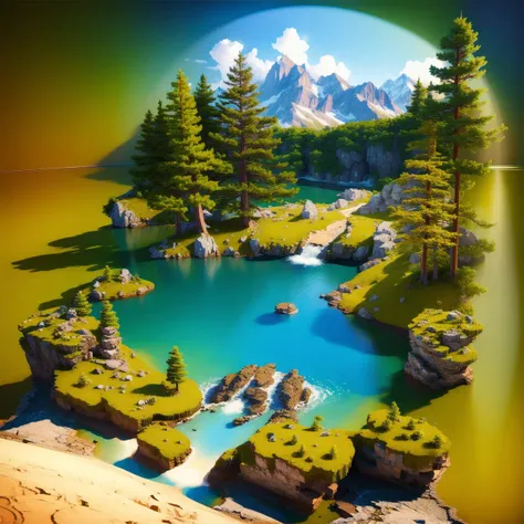 ((master piece)),best quality, (8k, best quality, masterpiece:1.2), ultra-detailed, illustration, small_scene, 3D_scene, mountain, lake,  <lora:small_scene_V2:0.7>