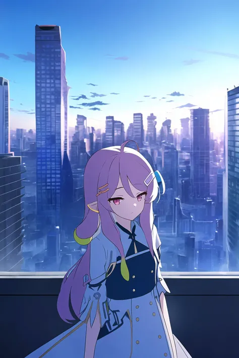 (best quality, masterpiece, highres),1girl,solo,hairclip,earrings,tentacle hair,cocktail dress,multicolored_dress,female pov,upper body,blue sky,day,modern buildings,cityscape,
<lora:BX_Blue Archive style_v1.08:1>,
