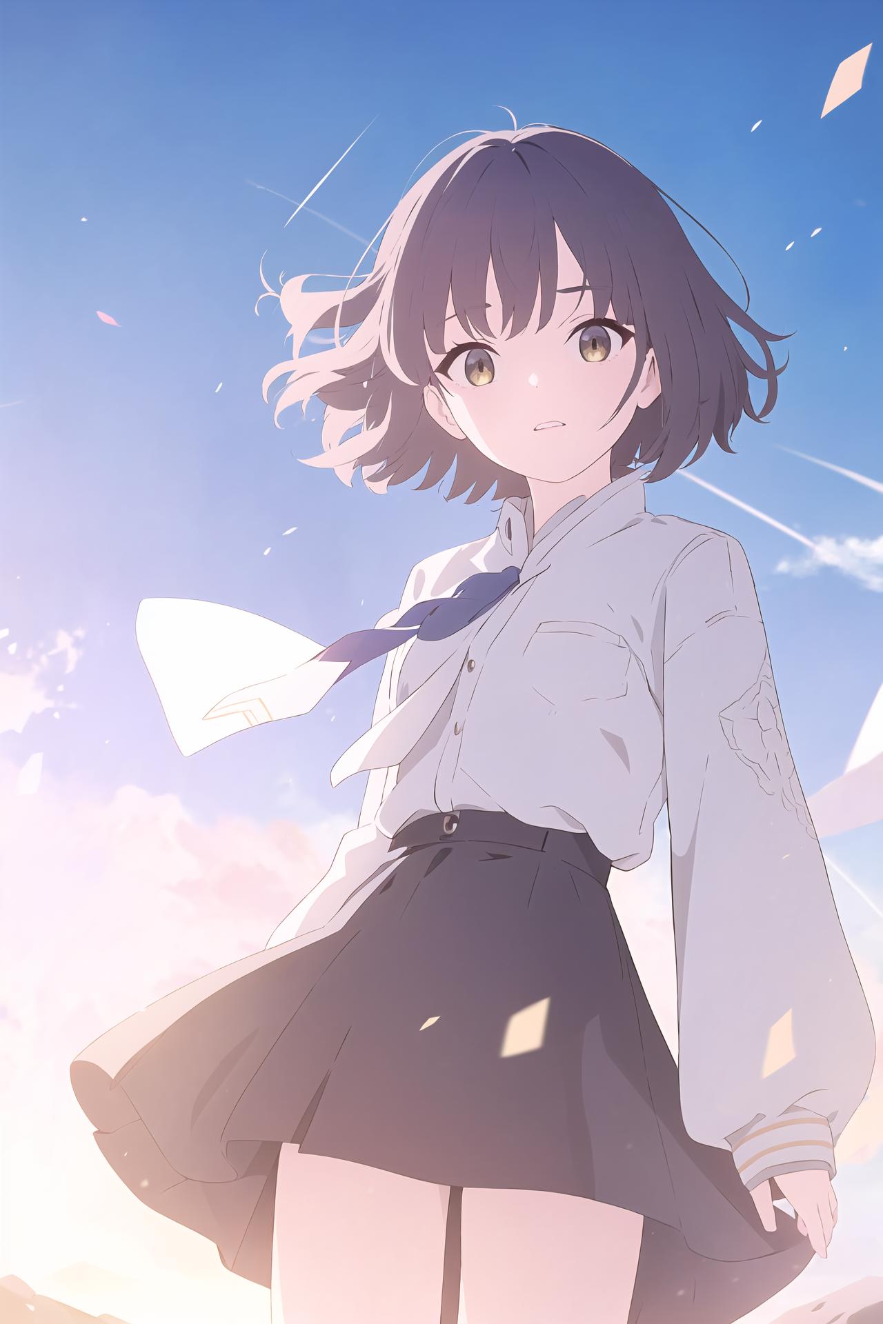 Anime girl in a short skirt and shirt standing in the sky - SeaArt AI