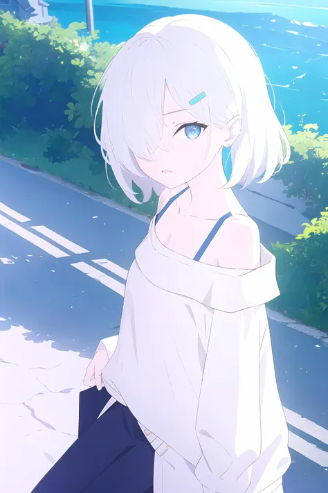 (best quality, masterpiece, highres),1girl,solo,white hair,hair over one eye,bangs,hairclip,earrings,off-shoulder_shirt,dynamic_angle,looking at viewer,scenery,blue theme,cowboy shot,
<lora:BX_Blue Archive style_v1.08:1>,