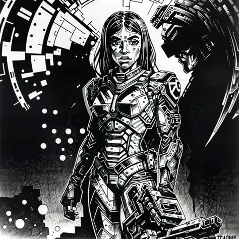 ajanicki girl and cyborg black ink<lora:ajanicki-sd15:1>