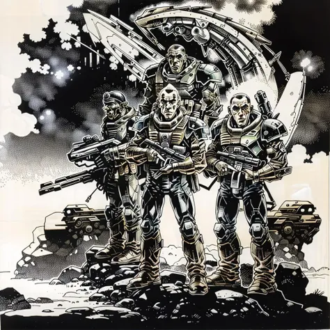 ajanicki group of soldiers and aliens, black ink<lora:ajanicki-sd15:1>