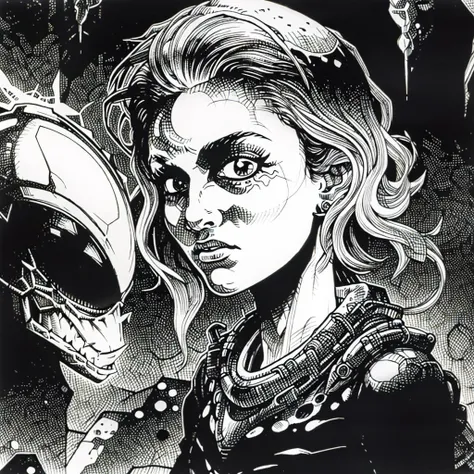 ajanicki girl on ship with alien creatures in the background, black ink<lora:ajanicki-sd15:1>