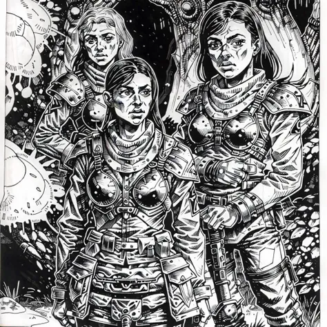 ajanicki group of girl soldiers and tanks, in the forest, black ink<lora:ajanicki-sd15:1>