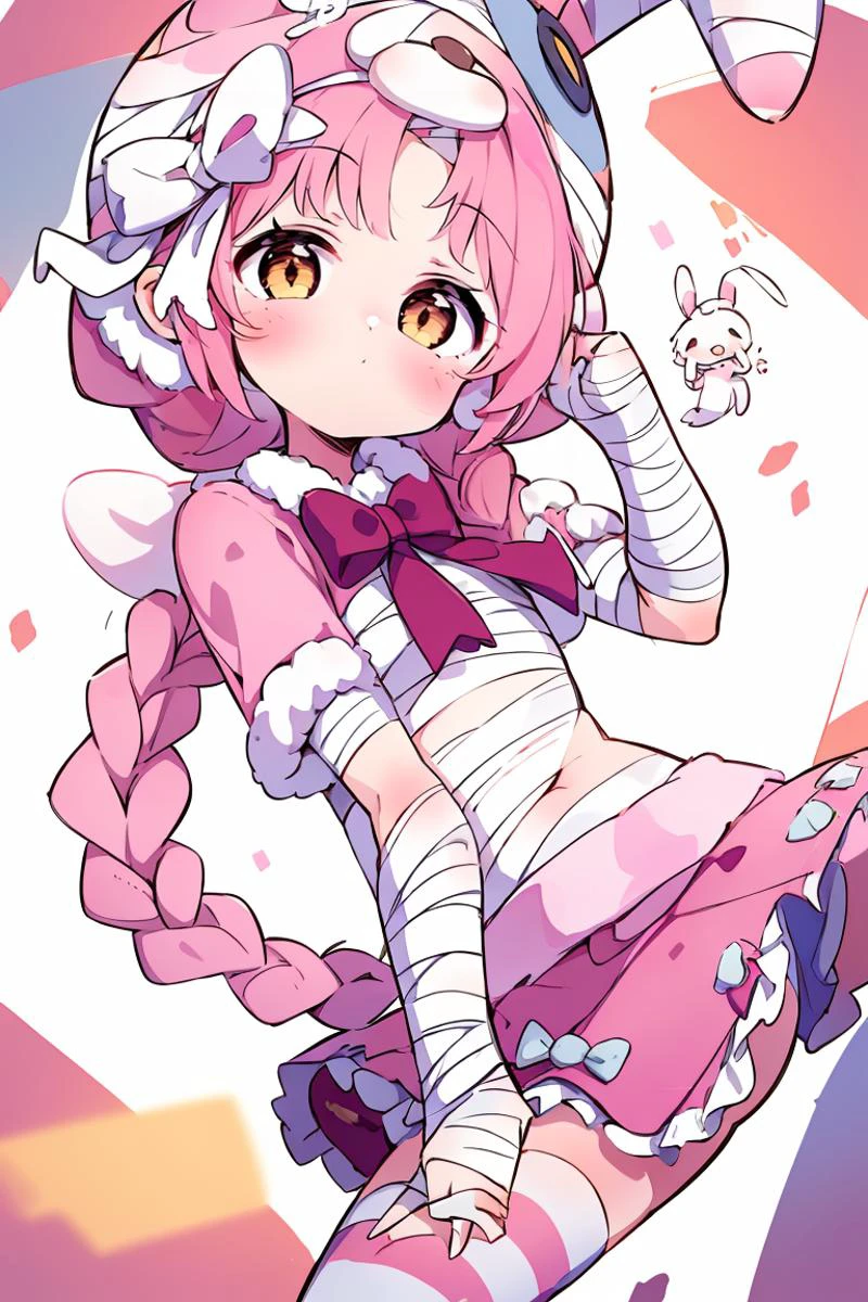 (masterpiece, best quality), 1girl, beautiful face, <lora:mimi:1> (pink striped stocking), bandaged bunny ears, pink skirt, bandaged, very long braids,