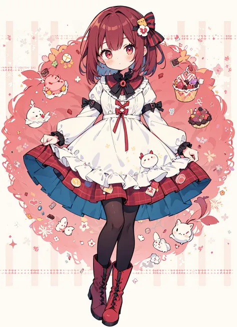 1girl, sweets wonderland, looking at viewer, blush, medium hair, (patterned background:1.2), dark red hair, full body, (dress:1.2), boots, pantyhose, miniskirt,