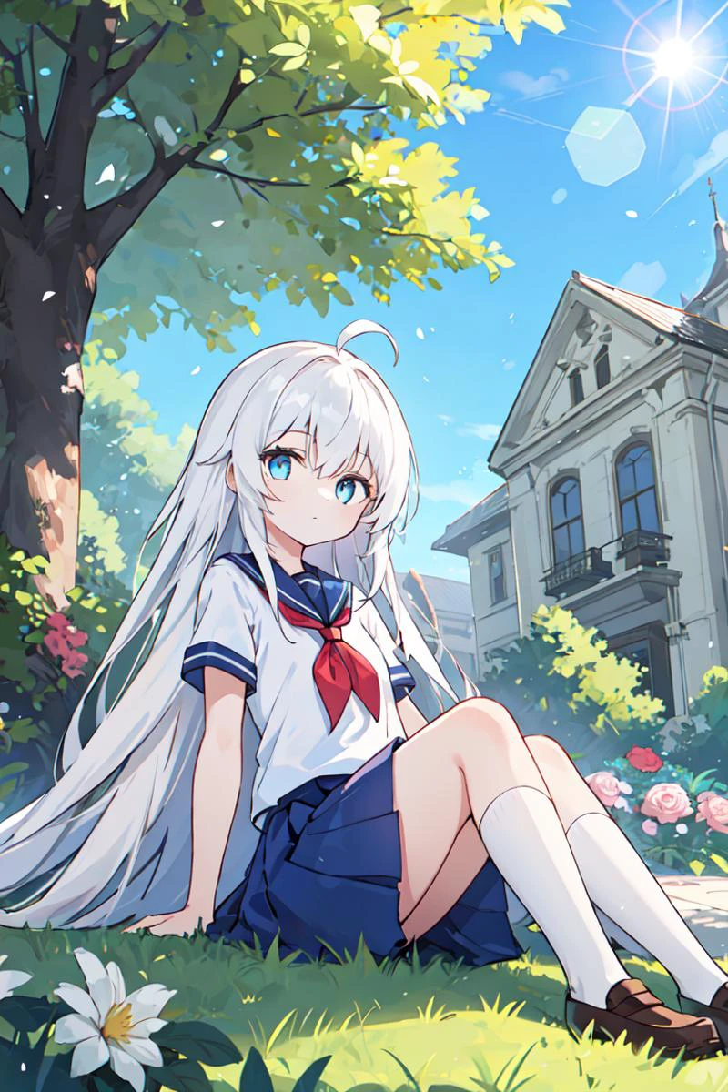 1girl, white hair, absurdly long hair, ahoge, blue eyes, (pale skin:0.8), flat chest, school uniform, tree, grass, tree shadow, flowers, building, sunny, blue sky, expressionless eyes, lens flare, light particles, bokeh, sunny, sitting