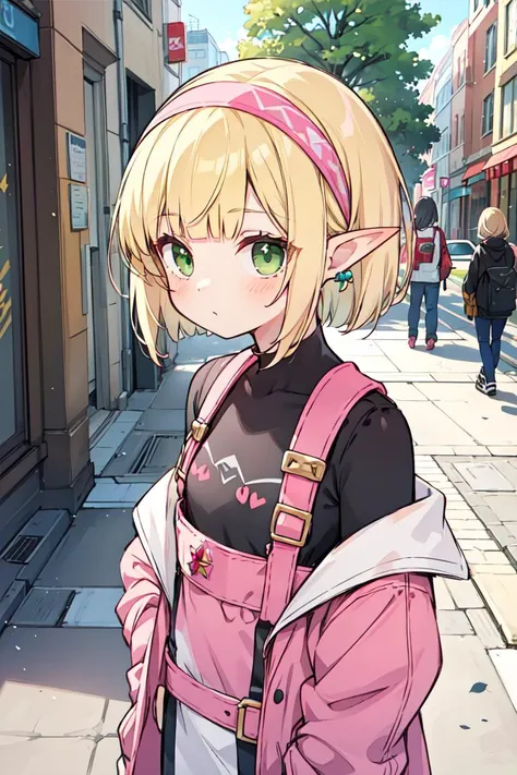 solo elf girl, 12yo, flat, little, skinny, blonde blunt bangs bob hair, green eyes, pointy ears, pink hairband, standing, upper body, (street fashion:1.2)