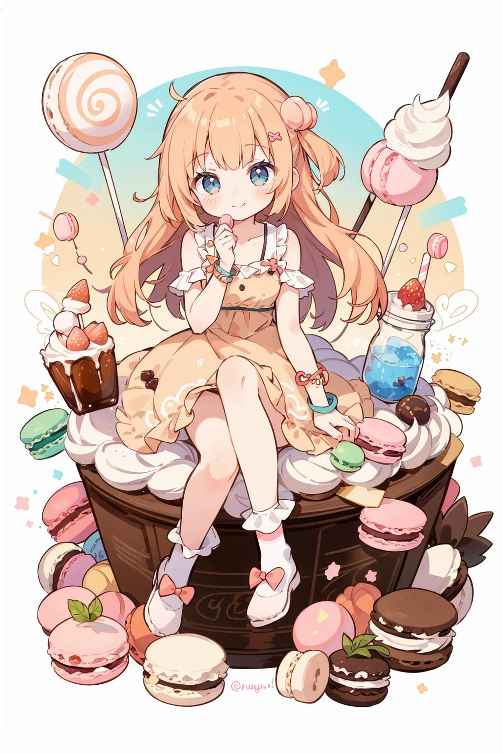 1girl,(kawaii, floating, peach, fruits, cake, jam jar, muffin, pop, macaron, sweets explosion:1.3), kawaii clothes, frill, lace, kawaii hair ornament, kawaii bracelet, kawaii socks, kawaii footwear,full body, smile, sitting,
