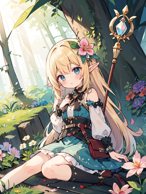 best quality, (kawaii:1.1), (cute), (high resolution:1.2), incredibly absurdres:1.3, incredibly fine illustration
BREAK
1girl, solo, forest elf, blond knitted hair, healer, wooden staff, dynamic angle, (shy:1.4), (blush:1.2)
BREAK
(flower:1.5), fantasy land, fairy light
<lora:Silicon-landscape-isolation:1>