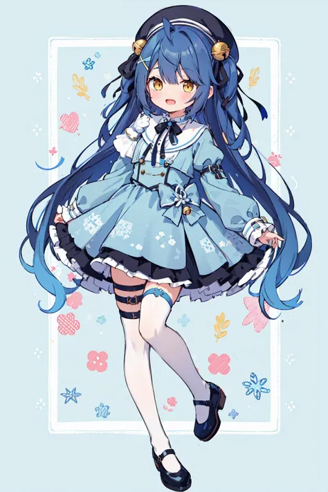 masterpiece, best quality, highres, aamya, long hair, ahoge, two side up, hair ribbon, hair bell, x hair ornament, beret, black headwear, blue dress, long sleeves, thigh strap, white thighhighs, <lora:amamiya_kokoro_v1:0.7>, full body, open mouth, (smile:0.77), (patterned background:1.2),