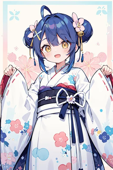 masterpiece, best quality, highres, bbmya, short hair, ahoge, double bun, hair ribbon, hair bow, hair flower, hair bell, x hair ornament, floral print, japanese clothes, frilled kimono, wide sleeves, sleeves past wrists, sash, obi, <lora:amamiya_kokoro_v1:0.7>, from below, open mouth, (smile:0.77), (patterned background:1.2),