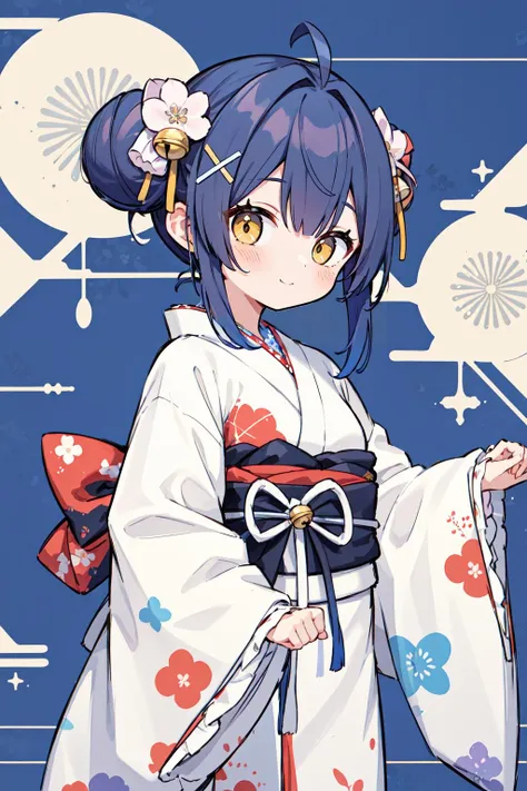 masterpiece, best quality, highres, bbmya, short hair, ahoge, double bun, hair ribbon, hair bow, hair flower, hair bell, x hair ornament, floral print, japanese clothes, frilled kimono, wide sleeves, sleeves past wrists, sash, obi, <lora:amamiya_kokoro_v1:0.7>, from side, closed mouth, (smile:0.77), (patterned background:1.2),