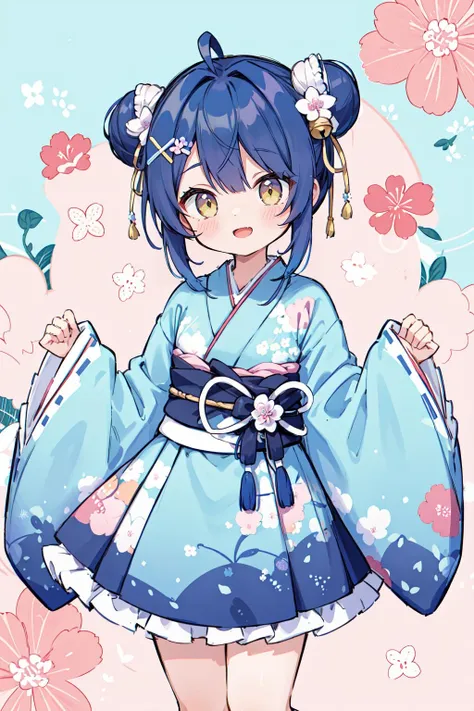 masterpiece, best quality, highres, bbmya, short hair, ahoge, double bun, hair ribbon, hair bow, hair flower, hair bell, x hair ornament, floral print, japanese clothes, frilled kimono, wide sleeves, sleeves past wrists, sash, obi, <lora:amamiya_kokoro_v1:0.7>, ,, open mouth, (smile:0.77), (patterned background:1.2),