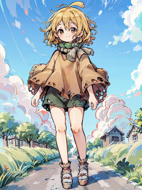 <lora:SuikaTS1.2:0.7> Suika, torn_outfit, neckwear, sandals, solo:1, full_body, outdoors, field, sky, day, smile, blush, dynamic pose, looking away, medieval, wind, walking