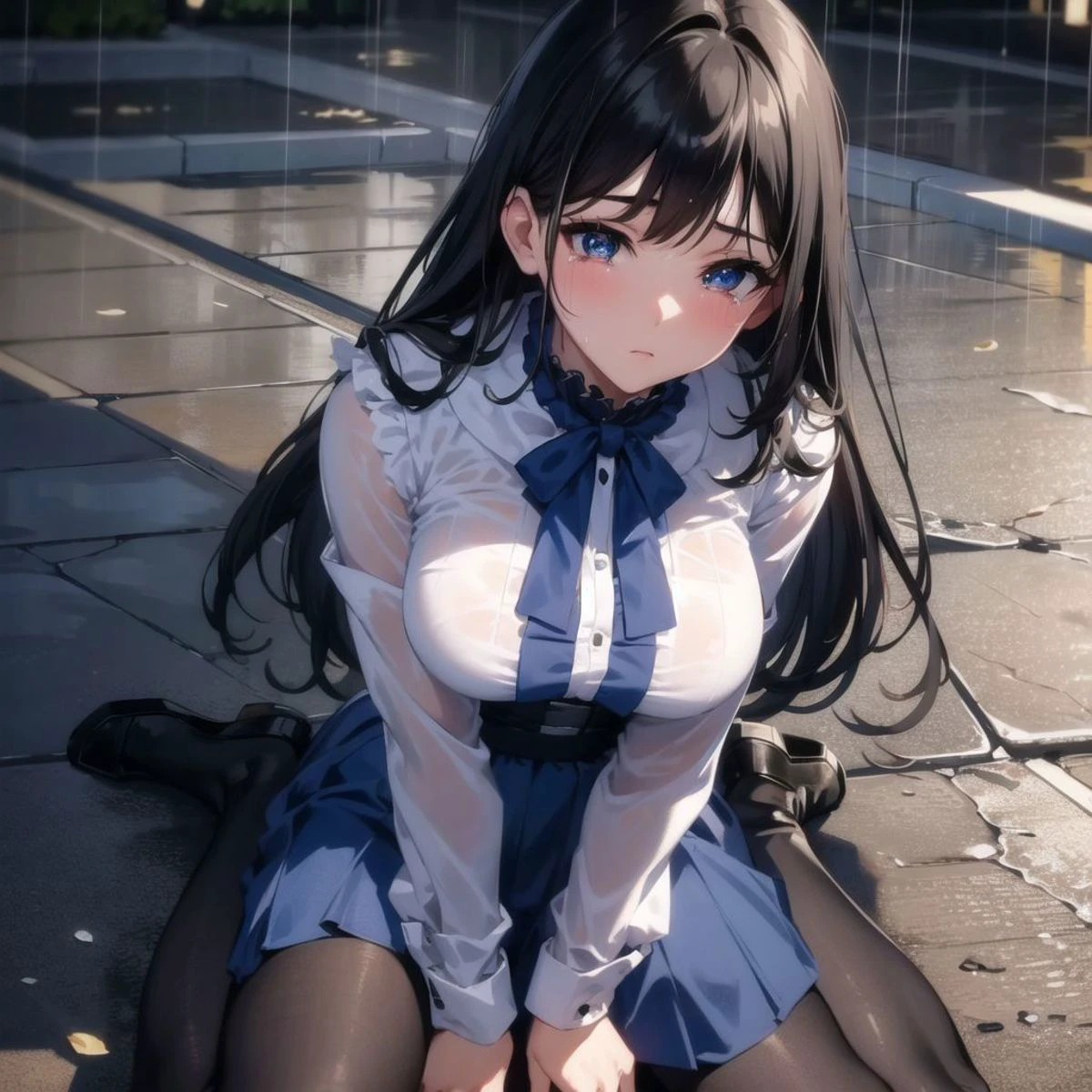 (masterpiece:1.2), (best quality:1.2), (extremely detailed:1.2), (extremely detailed face), (ultra detailed), 8k, anime style, cg, pretty face, 1girl, full body shot, <lora:PovWarizaFromAboveV1:1>, wariza, from above, medium breast, long black hair, blue pupils, white blouse, blue skirt, black pantyhose, crying, (tears:1.1), (heavy rain:1), wet clothing,
on the sidewalk, night time,