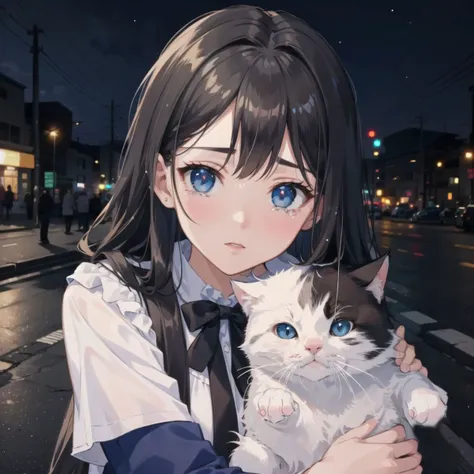 (masterpiece:1.2), (best quality:1.2), (extremely detailed:1.2), (extremely detailed face), (ultra detailed), 8k, anime style, cg, pretty face, 1girl, full body shot, <lora:PovWarizaFromAboveV1:1>, wariza, view from above, medium breast, long black hair, blue pupils, white blouse, blue skirt, black pantyhose, crying, (tears:1.1), (heavy rain:1), wet clothing, hugging a cat
sitting on the sidewalk, night time,
