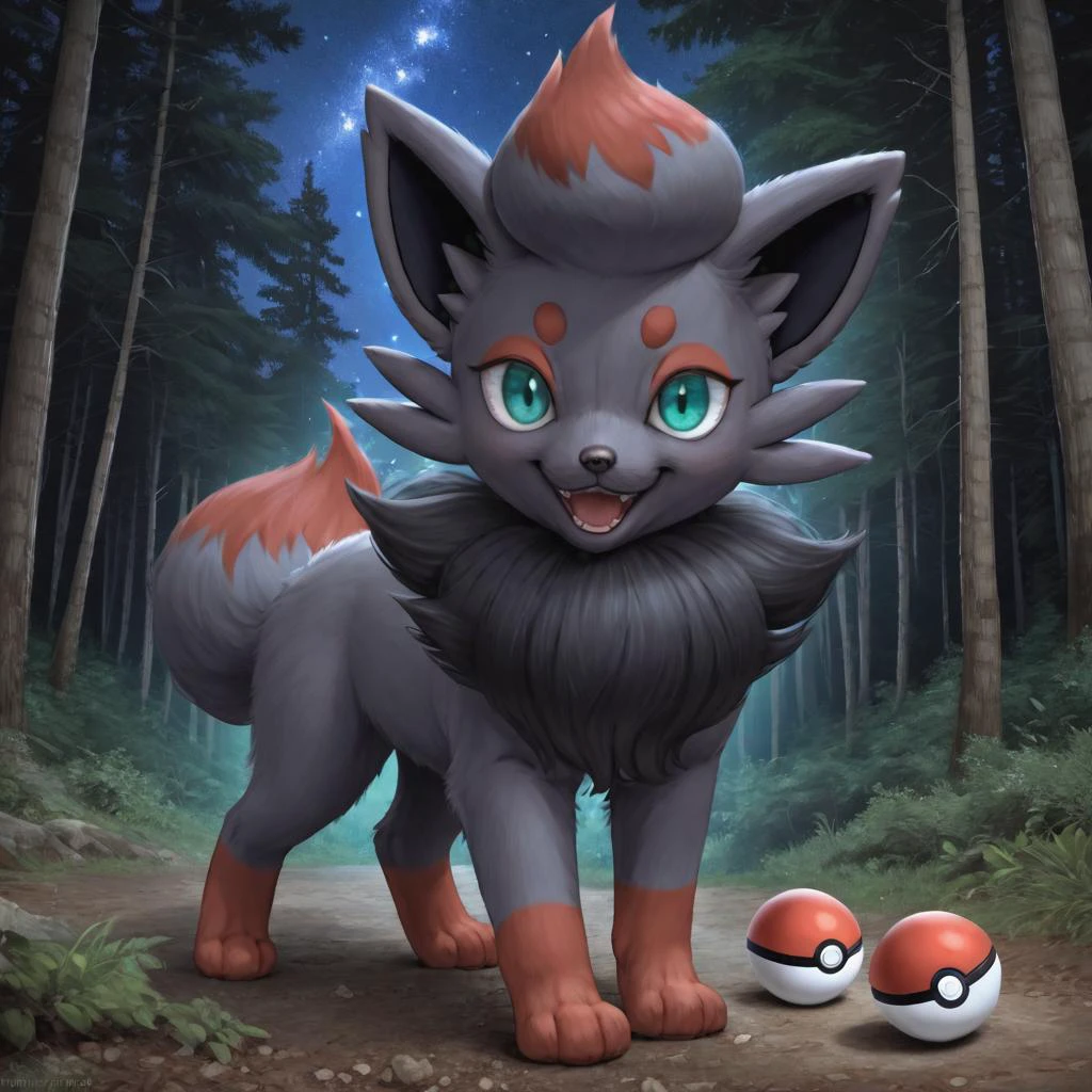 real e621, photorealistic, masterpiece, realistic fluffy zorua_(pokemon), standing in forest, night time, night sky, sharp zorua_(pokemon) teal eyes, looking at viewer, tilting head to the side, smiling, open mouth, glistening fur, detailed fluffy fur, dark, pokeball,