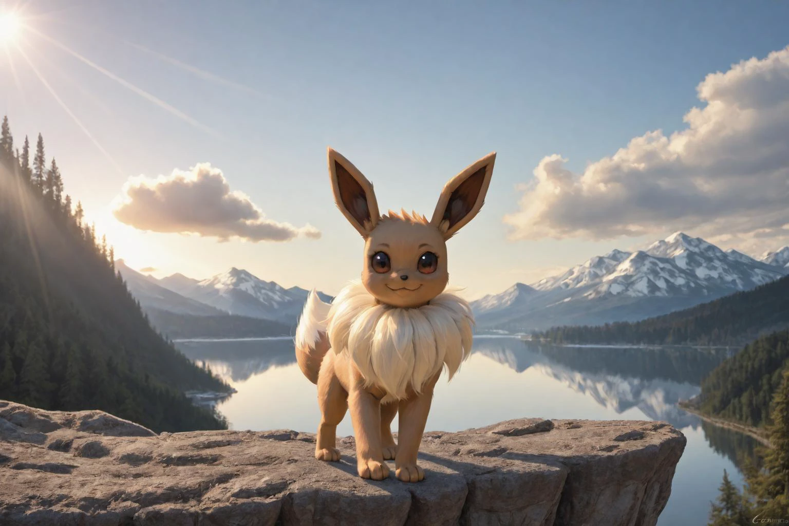 real e621, photorealistic, masterpiece, aerial view, realistic eevee_(pokemon), standing on cliff looking over valley with lake snowy mountain range in the distance, sunlight scattering over lake, morning time, cloudy sky, sharp detailed eyes, looking at viewer, tilting head to the side, smiling, glistening fur, detailed fluffy fur, dark, crepuscular rays,