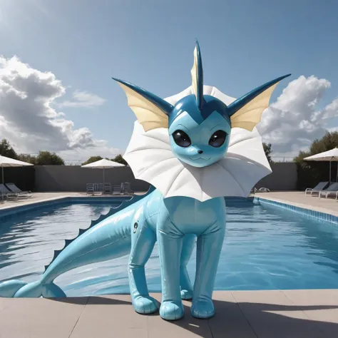 real e621, photorealistic, masterpiece, realistic inflatable vaporeon, standing next to pool, midday, cloudy sky, sharp detailed eyes, looking at viewer, inanimate, detailed fluffy fur, dark lighting,