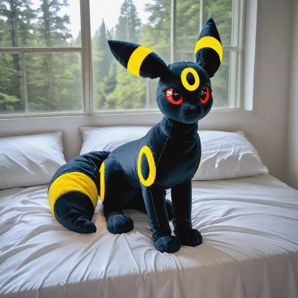 real e621, photorealistic, masterpiece, realistic plush stuffed animal umbreon, sitting on bed in bedroom with window with forest and overcast sky outside, dark, inanimate, sinister atmosphere, detailed felt plush eyes,